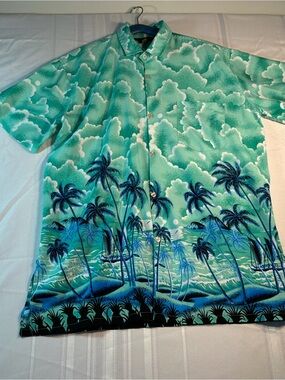 Men's XL Vtg Aloha Border Print Hawaiian Sailboats Palms 100% Rayon Shirt  Teal